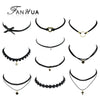 FANHUA 10 pcs/set Tattoos Choker Black Pu Leather Lace Choker Necklace Flower Heart Cross Star Circle Pendant Necklace